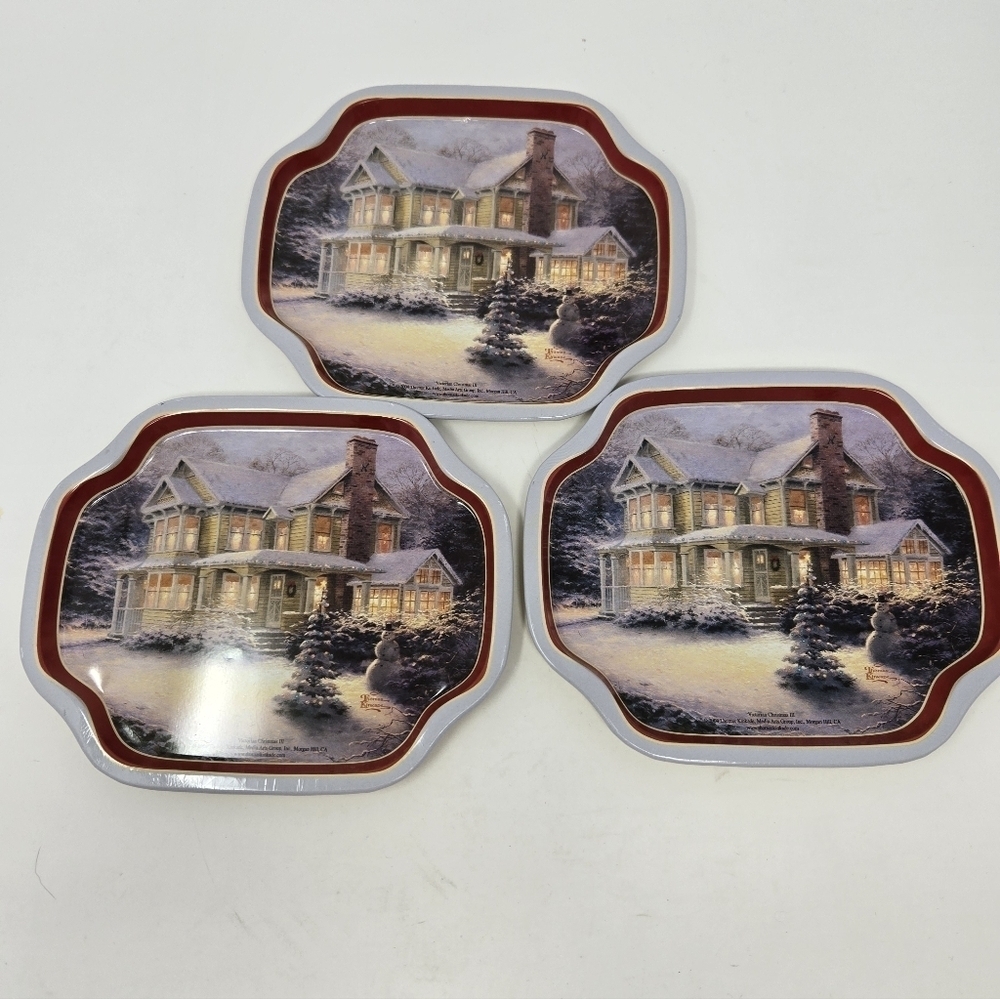 VINTAGE THOMAS KINKADE SMALL METAL TRAYS SET OF 3 VICTORIAN CHRISTMAS III 2004